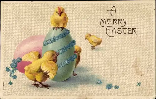 Präge Litho Glückwunsch Ostern, Küken, Ostereier, Vergissmeinnicht