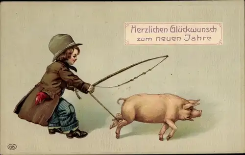 Präge Ak Glückwunsch Neujahr, Kind zieht ein Schwein an dem Schwanz