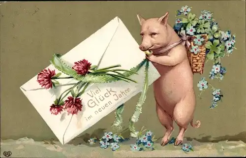 Ak Glückwunsch Neujahr, Schwein, Brief, Korb, Vergissmeinnicht