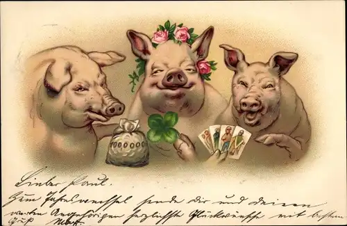 Litho Drei Schweine, Geldsack, Spielkarten, Glücksklee