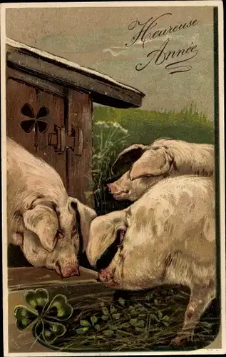 Präge Ak Glückwunsch Neujahr, Schweine essen Kleeblätter