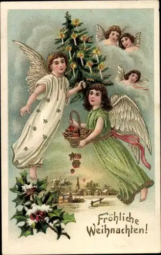 Präge Ak Glückwunsch Weihnachten, Engel, Weihnachtsbaum und Stechpalme