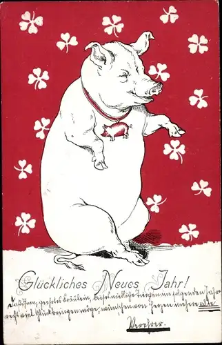 Litho Glückwunsch Neujahr, Schwein, Glücksklee