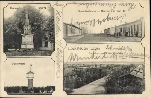 Ak Lockstedt in Holstein, Lockstedter Lager, Wasserturm, Kommandantur, Kantine, Bar, Denkmal