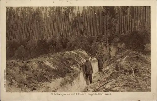 Ak Schützengraben mit künstlich hergestelltem Wald, I. WK