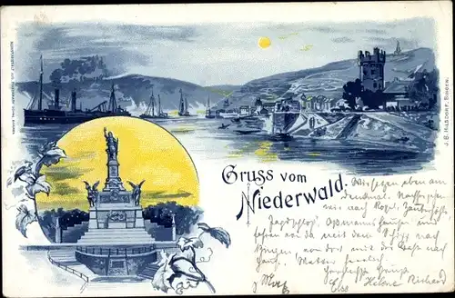 Mondschein Litho Bingen am Rhein, Nationaldenkmal, Niederwald, Turm, Schiffe