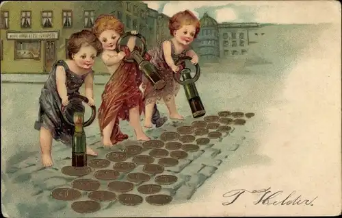 Präge Glitzer Litho Kinder, Stempel, Goldene Münzen, Kitsch