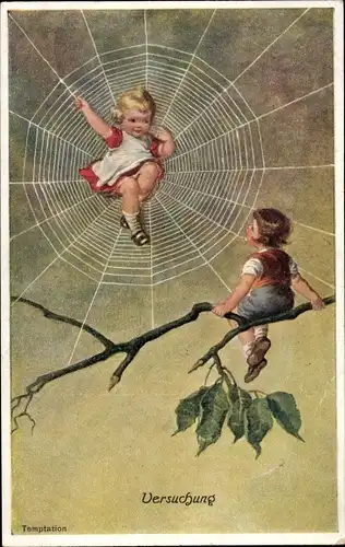 Ak Versuchung, Mädchen als Spinne, Spinnenweben