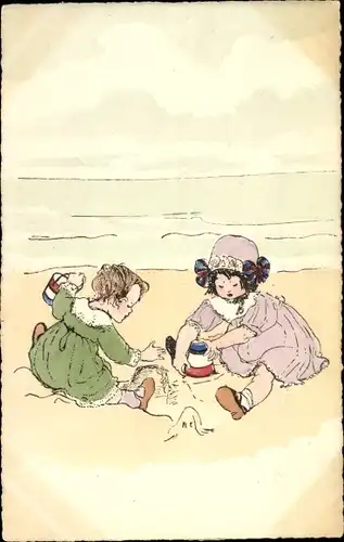 Ak Kinder am Strand, Sandburg, Eimer, Strandleben