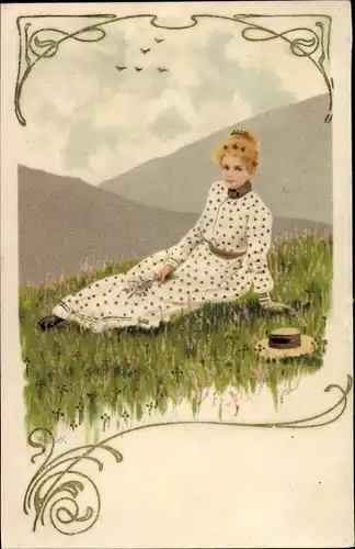 Präge Künstler Ak Frau in weißem Kleid, Blumenwiese, Hut