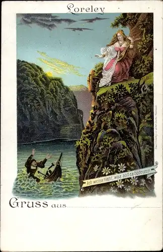 Litho Sankt Goarshausen am Rhein, Loreley, Mann im Wasser, Boot, Noble Frau