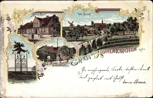 Litho Hohenkirchen Wangerland Friesland, Hotel zur Post, Bismarck-Eiche, Totalansicht, Gasthaus