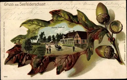 Präge Eichenblatt Litho Seefelderschaart Stadland, Straßenpartie bei Harms Gasthof