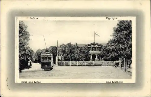 Passepartout Ak Liepaja Libau Lettland, Kurhaus, Straßenbahn