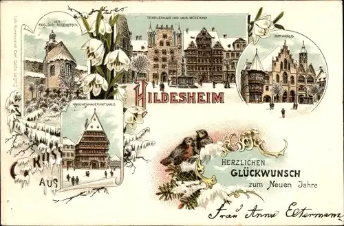 Winter Litho Hildesheim, Glückwunsch Neujahr, Templerhaus, Knochenhaueramtshaus, Rathaus