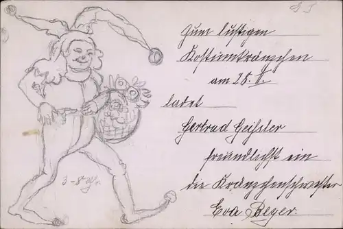 Handgemalt Ak Karneval, Narr, Einladung zum Kostümkränzchen, Gertrud Geissler, Eva Beyer