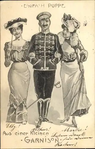 Künstler Ak Einfach Puppe, aus einer kleinen Garnison, Soldat mit zwei Frauen