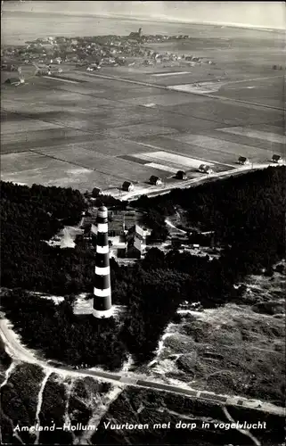 Ak Hollum Ameland Friesland Niederlande, Vuurtoren, Dorp, Vogelvlucht