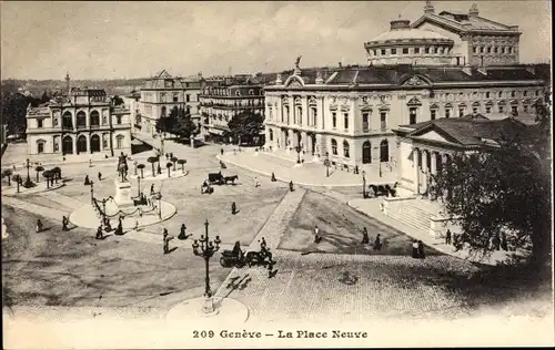 Ak Geneve Schweiz, Place Neuve, Passanten, Denkmal