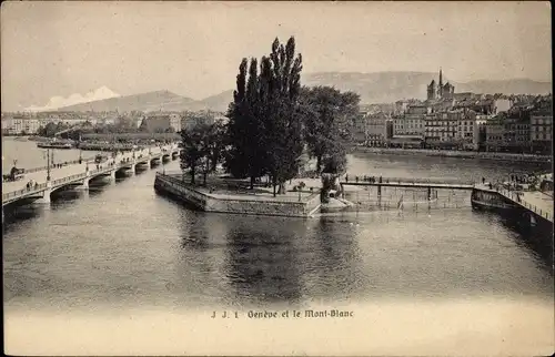 Ak Genf Genf Schweiz, Mont Blanc, Brücke, Insel