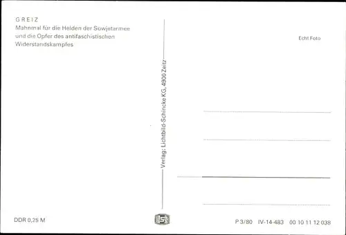 Ak Greiz im Vogtland, Gedenkstätte Befreiung vom Faschismus