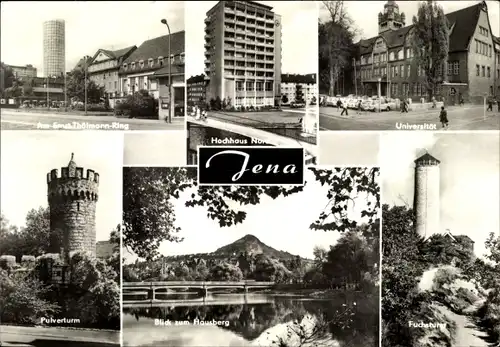 Ak Jena in Thüringen, Hochhaus Nord, Universität, Pulverturm, Hausberg, Fuchsturm, E.-Thälmann-Ring