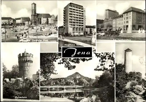 Ak Jena in Thüringen, Zentraler Platz, Hochhaus Nord, Teichgraben, Pulverturm, Hausberg, Fuchsturm