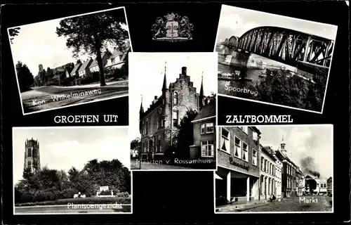 Ak Zaltbommel Gelderland, Spoorbrug, Markt, Plantsoengezicht, Kon. Wilhelminaweg