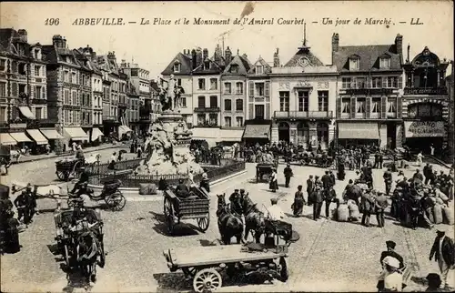 Ak Abbeville Somme, Platz und Denkmal für Admiral Courbet, Markt