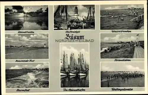 Ak Nordseebad Büsum, Sturmflut, Heimathafen, Wattenpolonaise, Strandleben