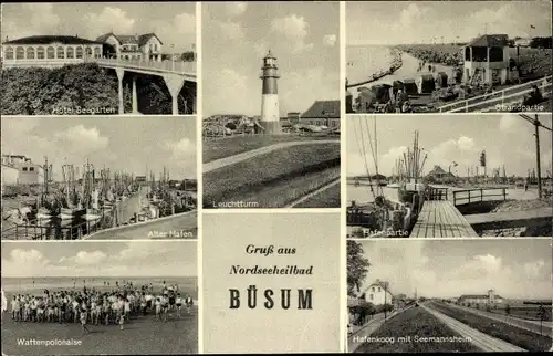 Ak Nordseebad Büsum, Wattenpolonaise, Leuchtturm, Hafenkoog mit Seemannsheim, Alter Hafen