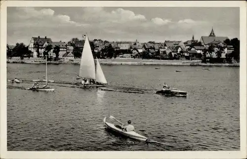 Ak Saalburg in Thüringen, Teilansicht, See, Kanu, Segelboot