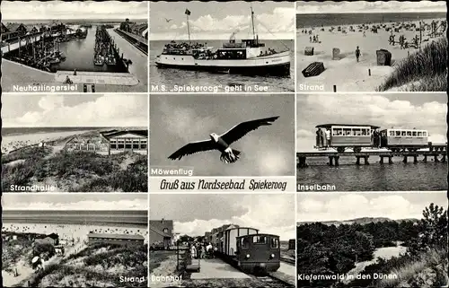 Ak Nordseebad Spiekeroog in Ostfriesland, Inselbahn, Kiefernwald, Bahnhof, Strand, Neuharlingersiel