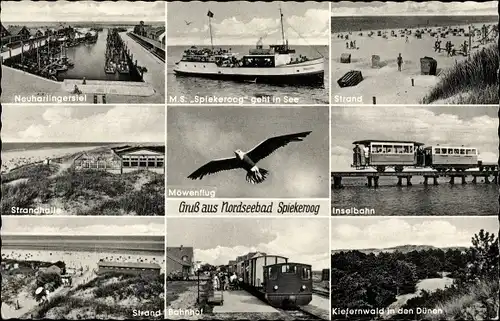 Ak Nordseebad Spiekeroog in Ostfriesland, Inselbahn, Kiefernwald, Bahnhof, Strand, Neuharlingersiel