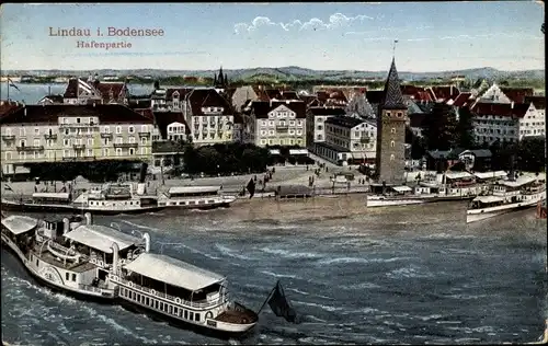 Ak Lindau im Bodensee, Hafen, Dampfer, Panorama