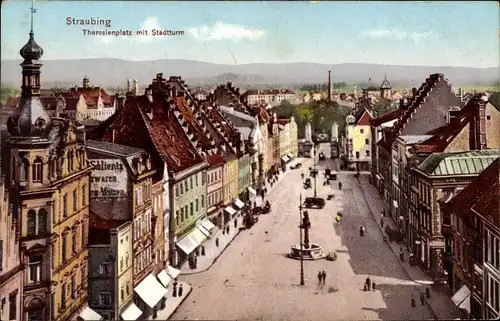 Ak Straubing an der Donau Niederbayern, Theresienplatz mit Stadtturm