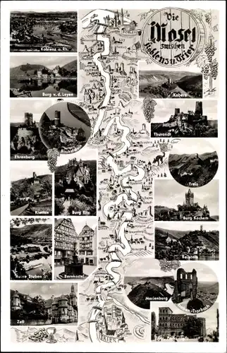 Landkarten Ak Die Mosel zwischen Koblenz und Trier, Bernkastel, Traben Trarbach, Cochem