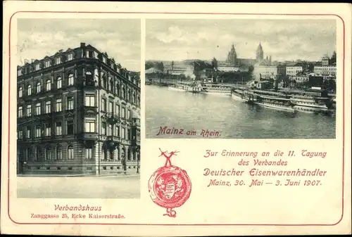 Ak Mainz am Rhein, Verbandshaus, Zanggasse Ecke Kaiserstraße, Rheinpartie, Eisenwarenhändler