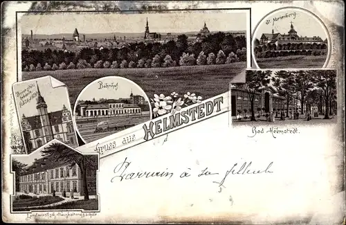 Litho Helmstedt in Niedersachsen, Bahnhof, Universität, Haushaltungsschule, St. Marienberg