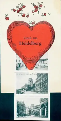 Leporello Ak Heidelberg am Neckar, Straßenpartie, Achteckiger Turm, Herz, Blumen