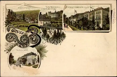 Litho Schlangenbad im Taunus Hessen, Schweizerhaus, Kurhaus, Viktoria-Hotel