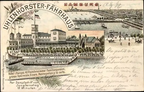 Litho Hamburg Nord Uhlenhorst, Uhlenhorster Fährhaus, Hafenpartie, Brücke