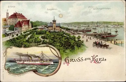 Litho Kiel, Schloss, Seegarten, Hafen, Staatsyacht Hohenzollern, Kaiserliche Marine