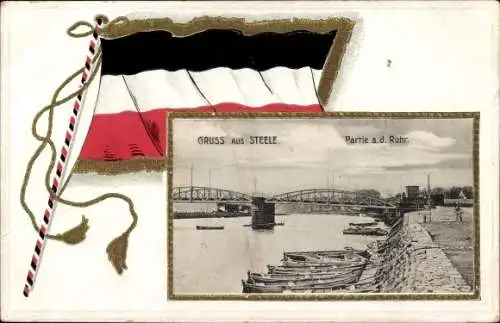 Ak Steele Essen im Ruhrgebiet, Ruhrpartie, Boote, Brücke, Fahne