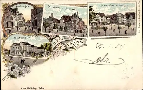 Litho Peine in Niedersachsen, Stederdorfer Straße, Marktplatz, Breitestraße, Schützenhaus, Denkmal