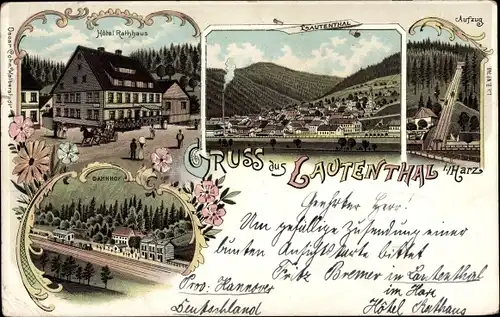 Litho Lautenthal Langelsheim am Harz, Hotel Rathaus, Aufzug, Bahnhof