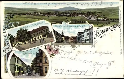 Litho Kaltennordheim in der Rhön, Panorama, Schloss, Amtsgericht, Neumarkt, Altmarkt, Rathaus