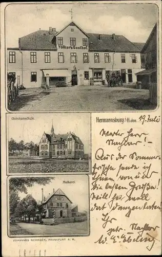 Ak Hermannsburg in der Lüneburger Heide, Völkers Gasthof, Christianschule, Molkerei