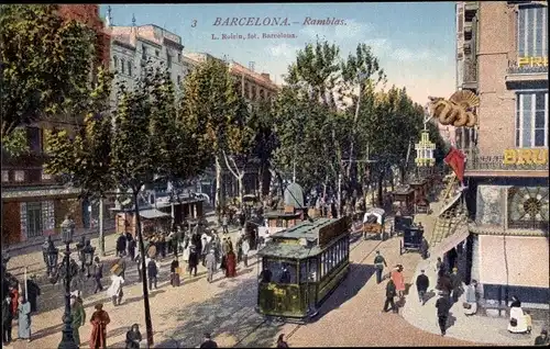 Ak Barcelona Katalonien Spanien, Ramblas, Straßenbahn