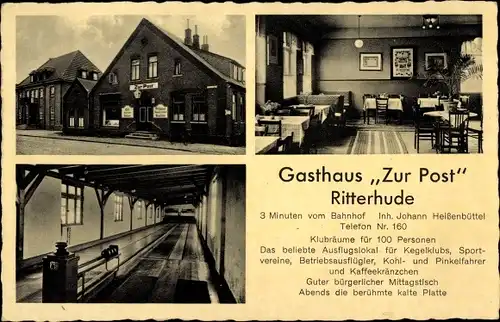 Ak Ritterhude in Niedersachsen, Gasthaus zur Post, Inh. Johann Heißenbüttel, Kegelbahn